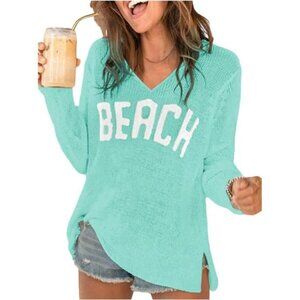 Light Blue Letter V Neck Beach Sweaters Long Sleeve Split Crochet Tops Knit